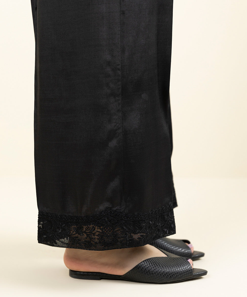 Women's Pret Viscose Raw Silk Embroidered Black Culottes