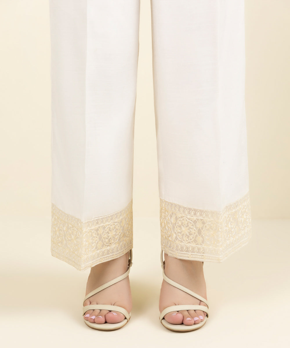 Women's Pret Viscose Raw Silk Embroidered Off White Wide Legged Pants