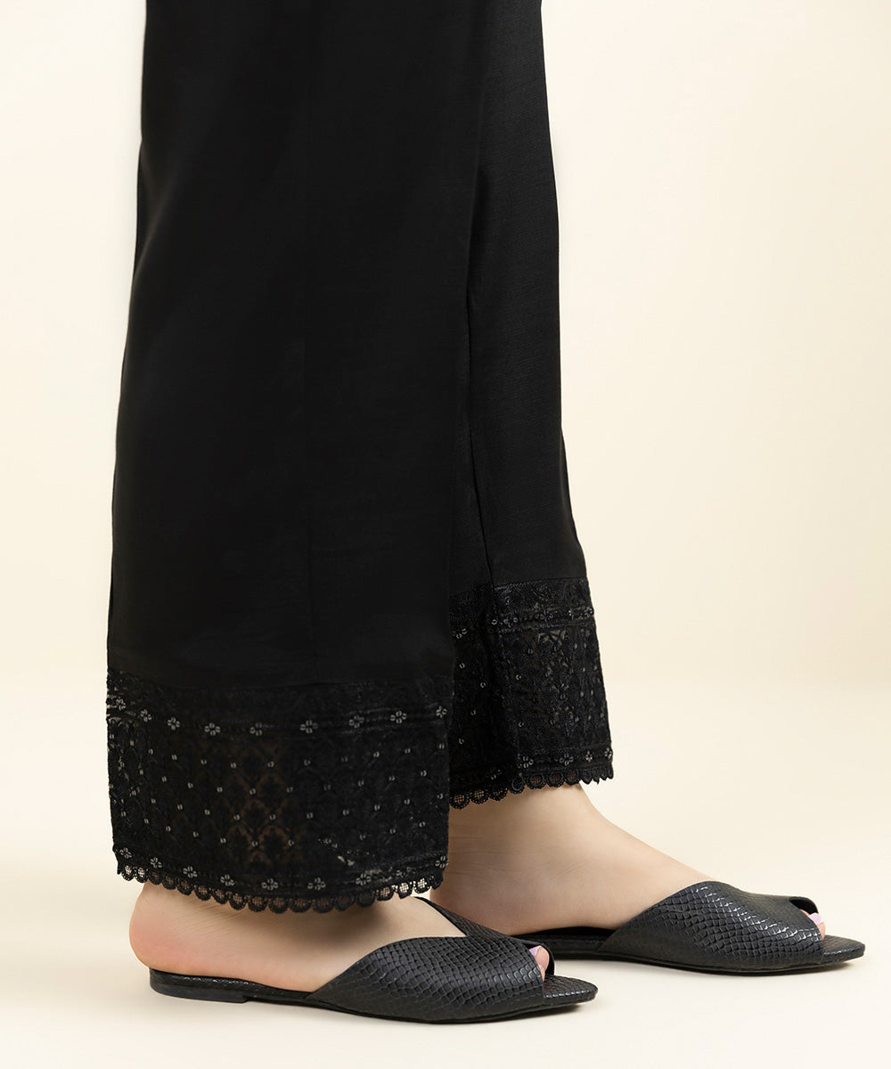 Women's Pret Viscose Raw Silk Embroidered Black Straight Pants