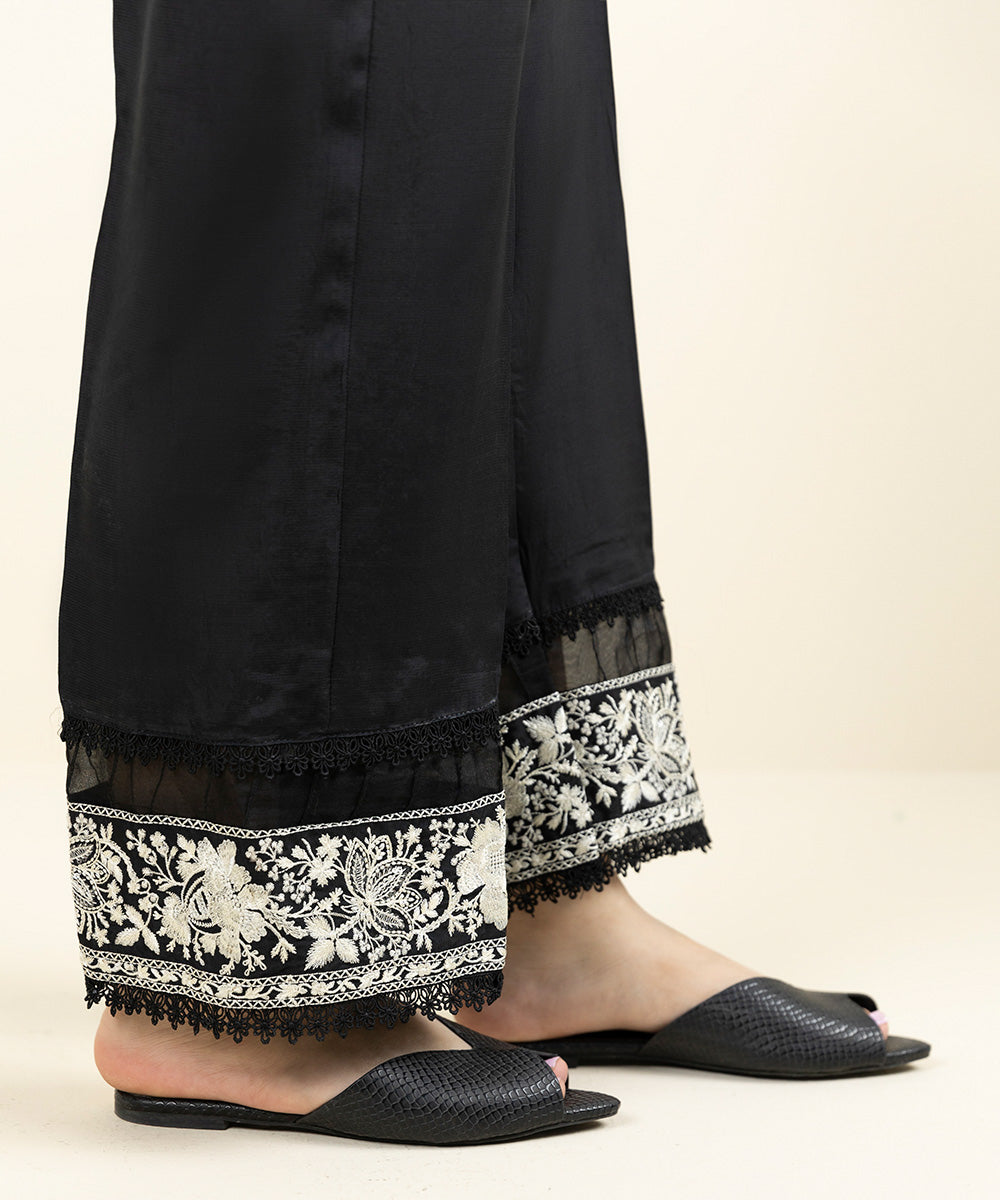 Women's Pret Viscose Raw Silk Embroidered Black Straight Pants