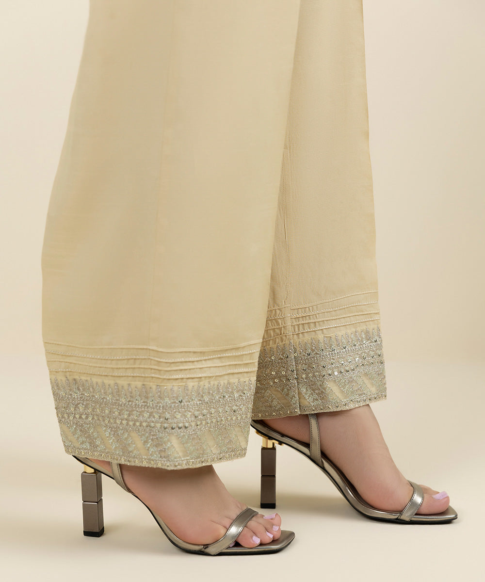 Women's Pret Viscose Raw Silk Embroidered Beige Straight Pants