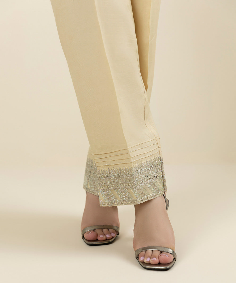 Women's Pret Viscose Raw Silk Embroidered Beige Straight Pants