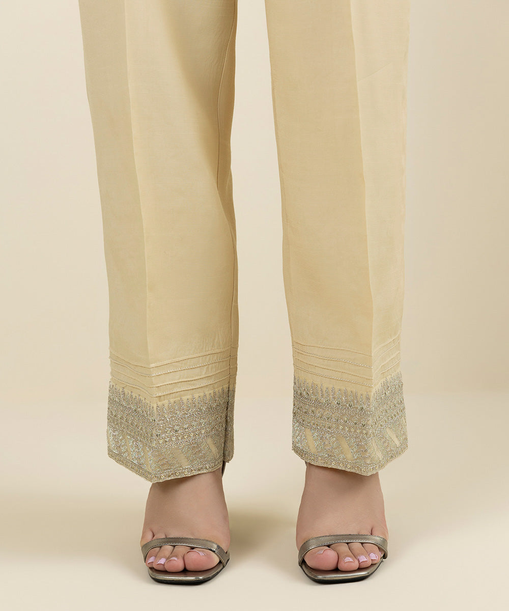 Women's Pret Viscose Raw Silk Embroidered Beige Straight Pants