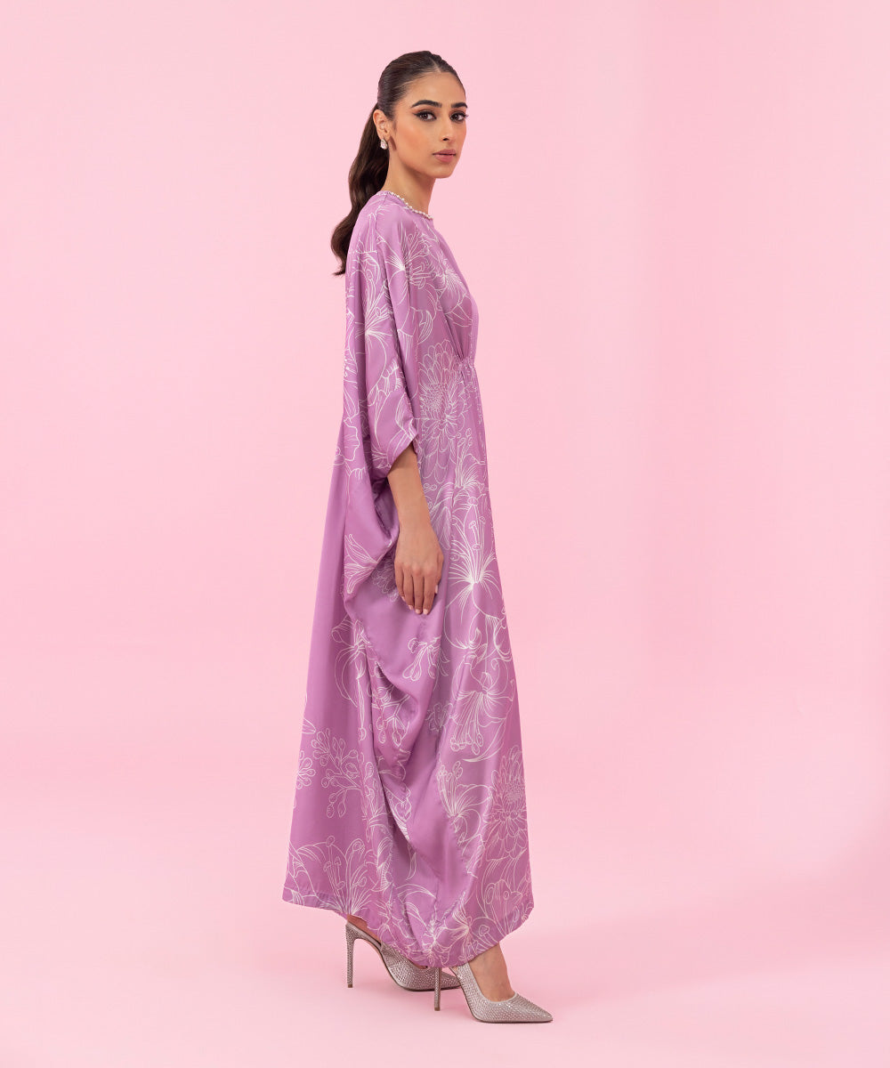Women's Pret Printed Embellished Satin Purple Kaftan