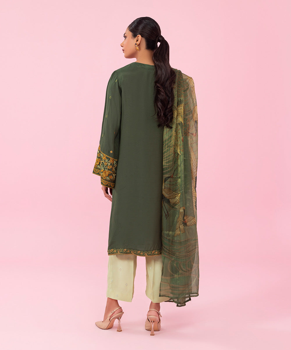 Women's Festive Pret Embroidered Raw Silk Green 2 Piece Suit