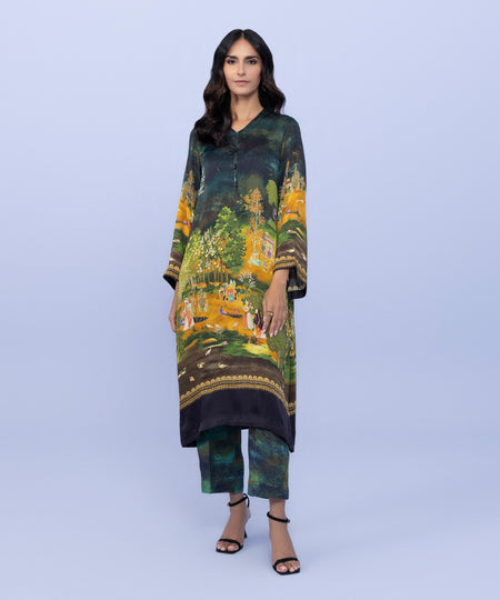 Women's Pret Charmeuse Silk Printed Green 2 Piece Suit