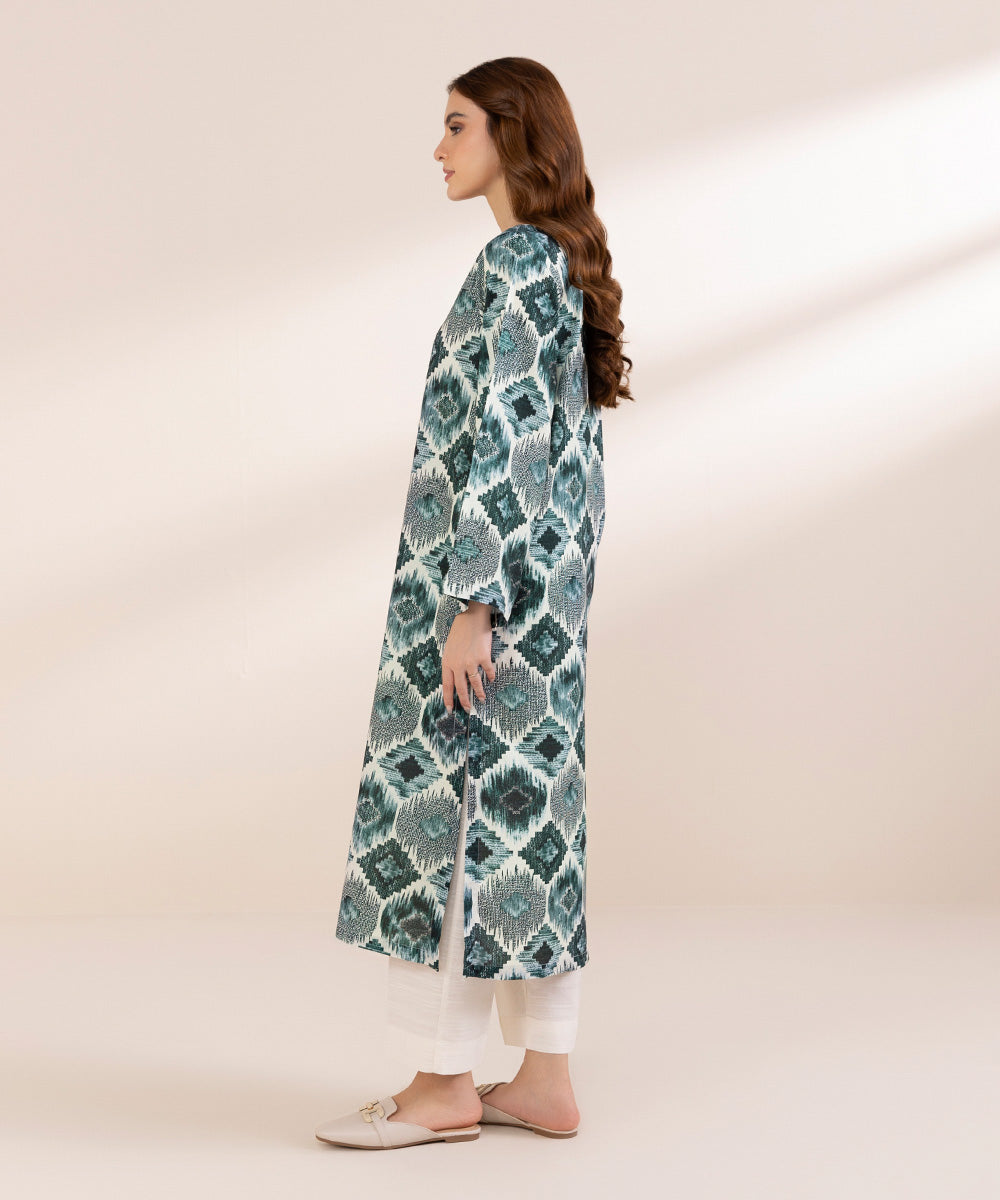 Women's Pret Khaddar Green Printed A-Line Shirt