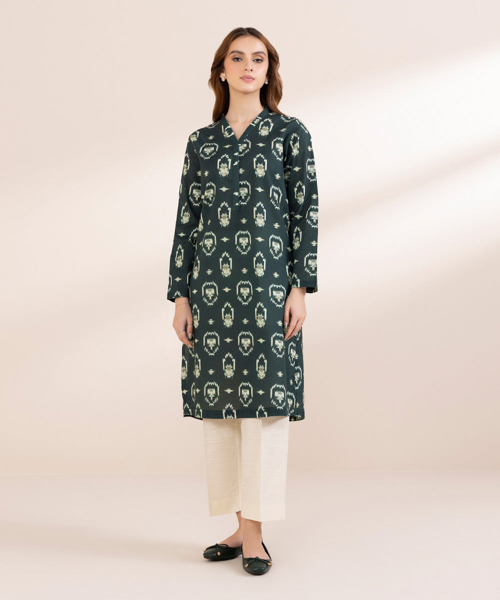 Women's Pret Khaddar Green Printed Straight Shirt