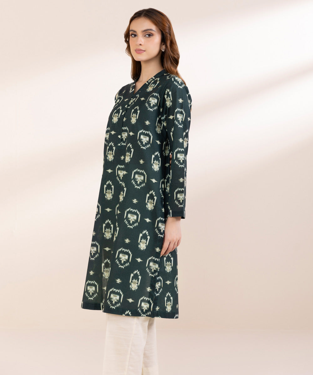 Women's Pret Khaddar Green Printed Straight Shirt