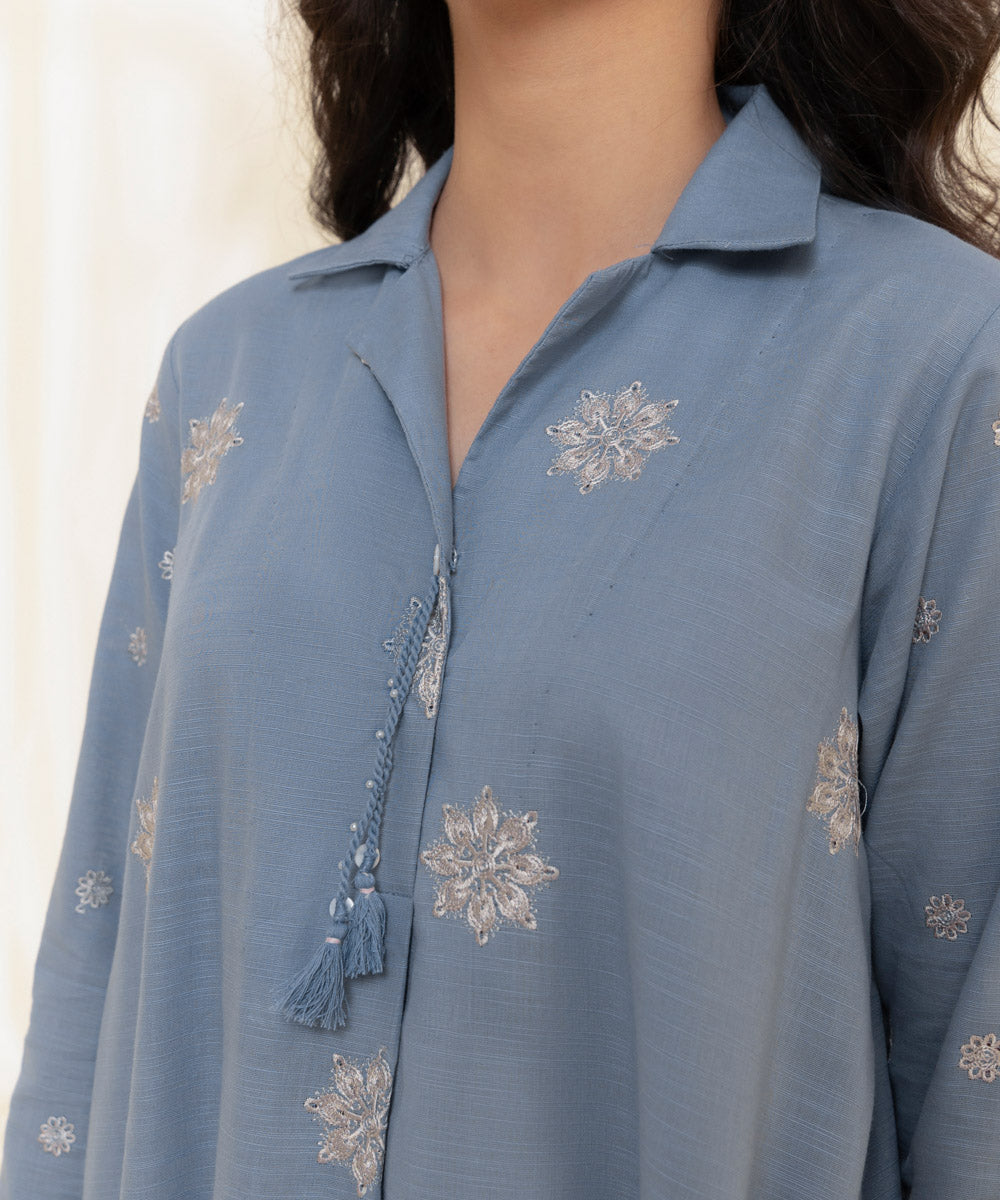 Women's Intermix Pret Recycled Cotton Solid Embroidered Blue Shirt