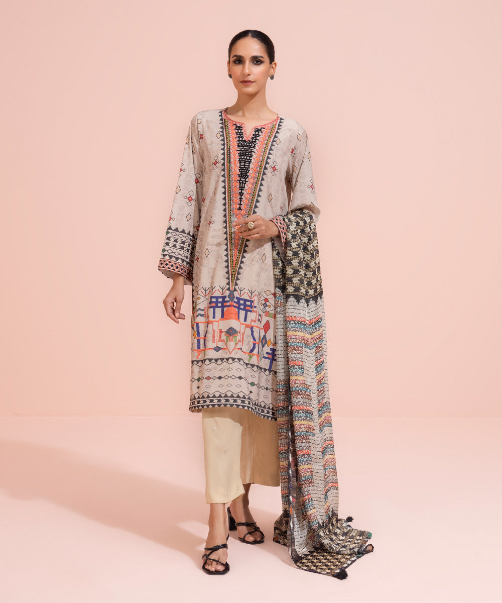 Women's Eid Pret Blended Grip Silk Embroidered Beige 2 Piece Suit