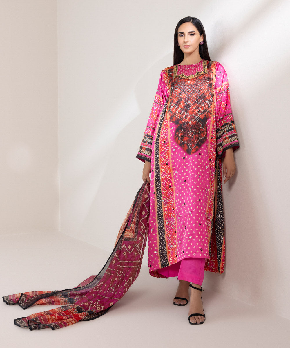 Women's Pret Blended Satin Printed Embroidered Pink Three Piece Suit