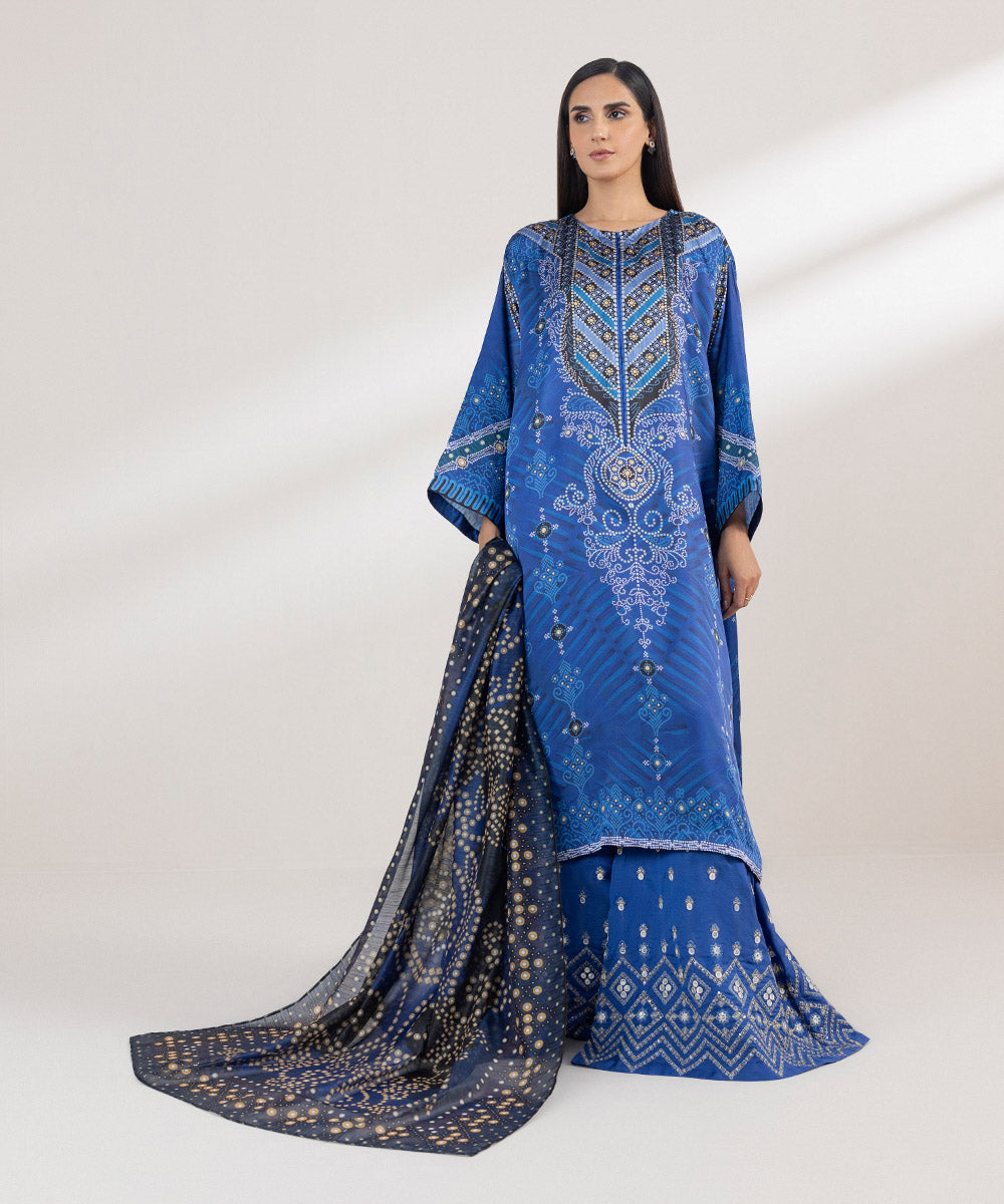 Women's Pret Blended Satin Printed Blue Three Piece Suit