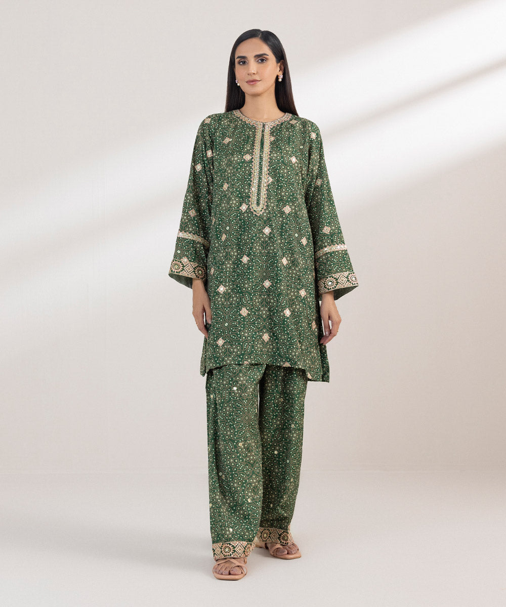 Women's Pret Blended Grip Green Printed Embroidered Two Piece Suit