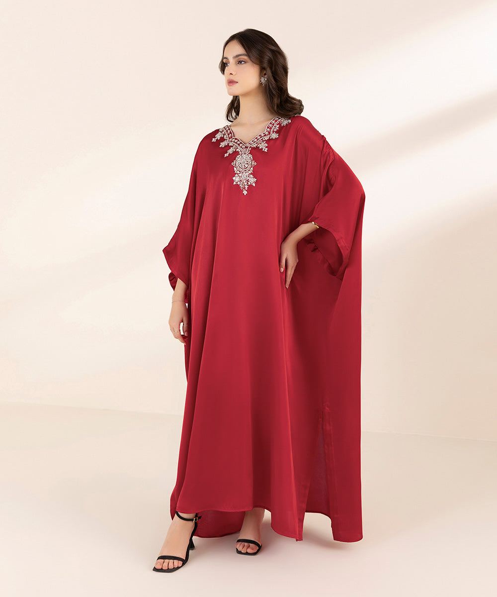 Women's Pret Blended Satin Red Dyed Kaftan