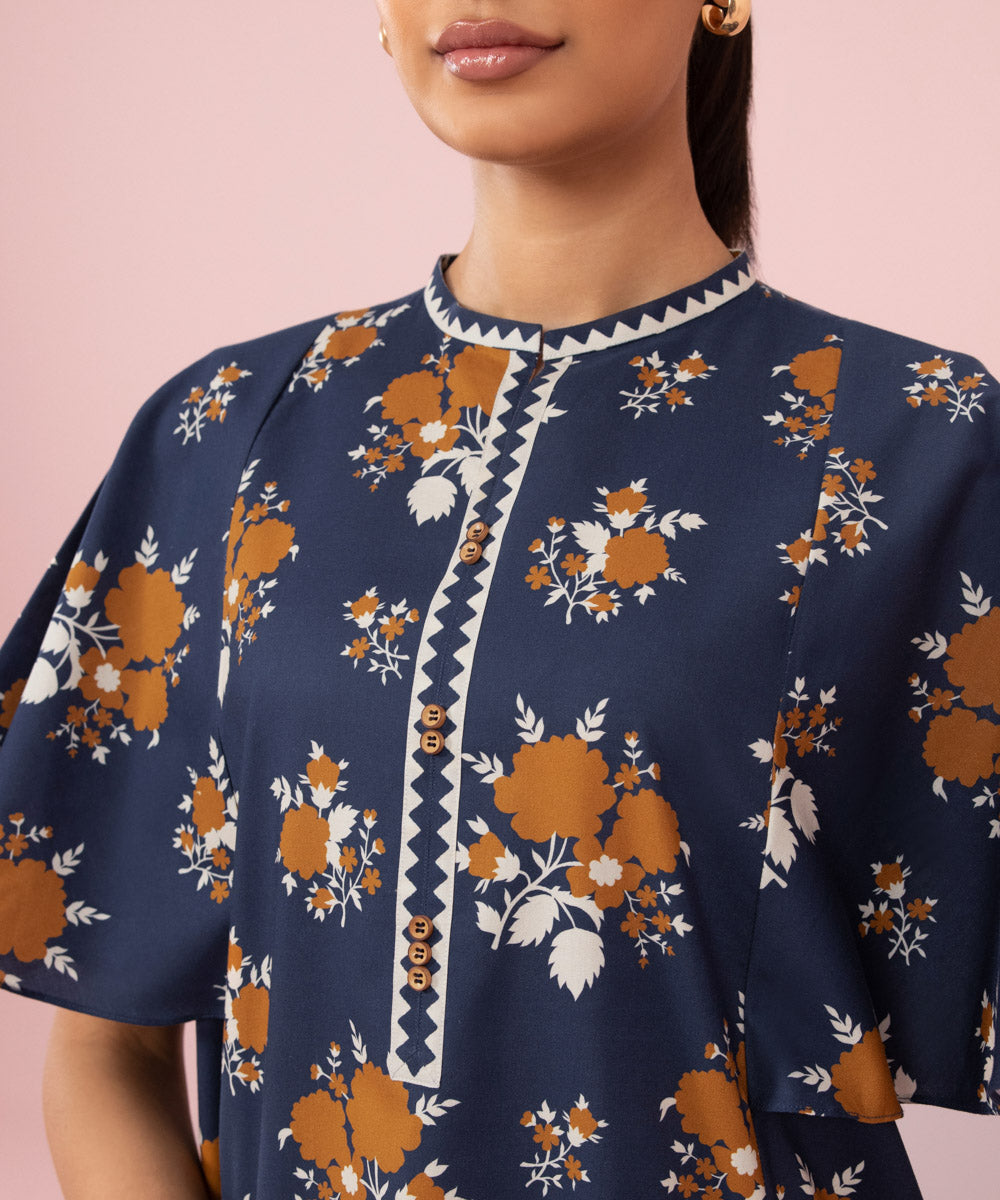 Women's Unstitched Printed Cambric Navy Blue Shirt