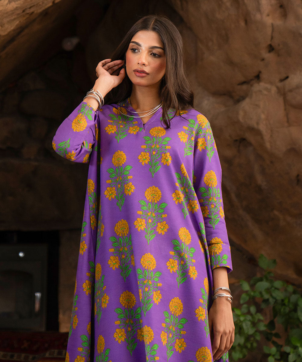 Women's Winter Unstitched Printed Khaddar Purple Shirt