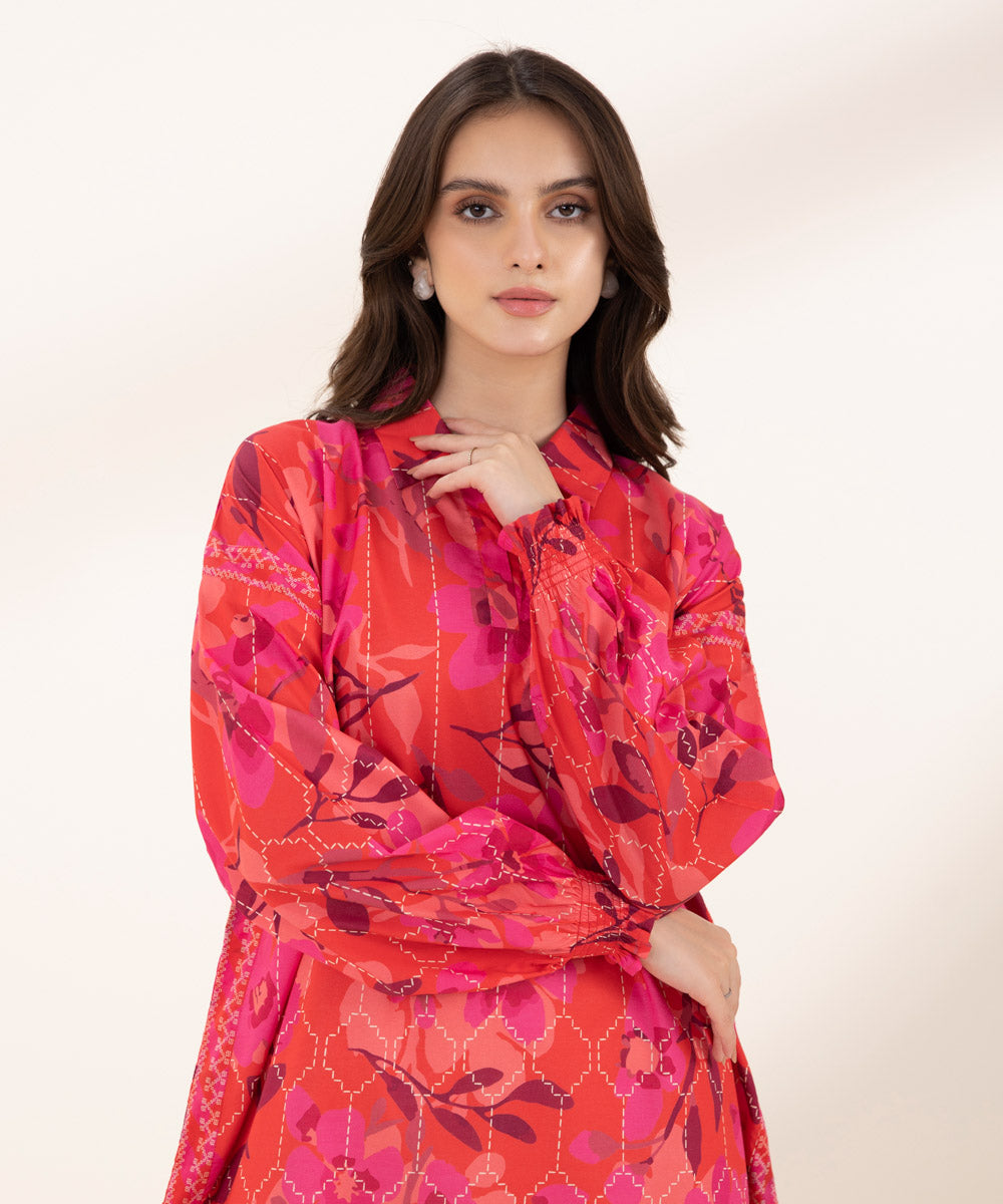 Women's Unstitched Lawn Printed Red Shirt