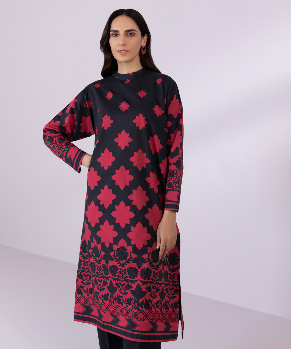 Women's Unstitched Lawn Printed Black and Dark Pink Shirt