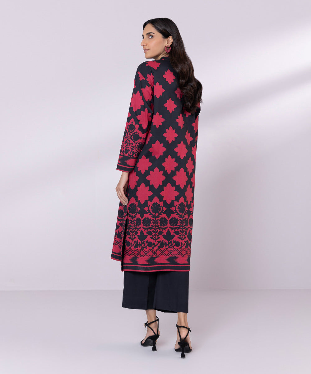 Women's Unstitched Lawn Printed Black and Dark Pink Shirt