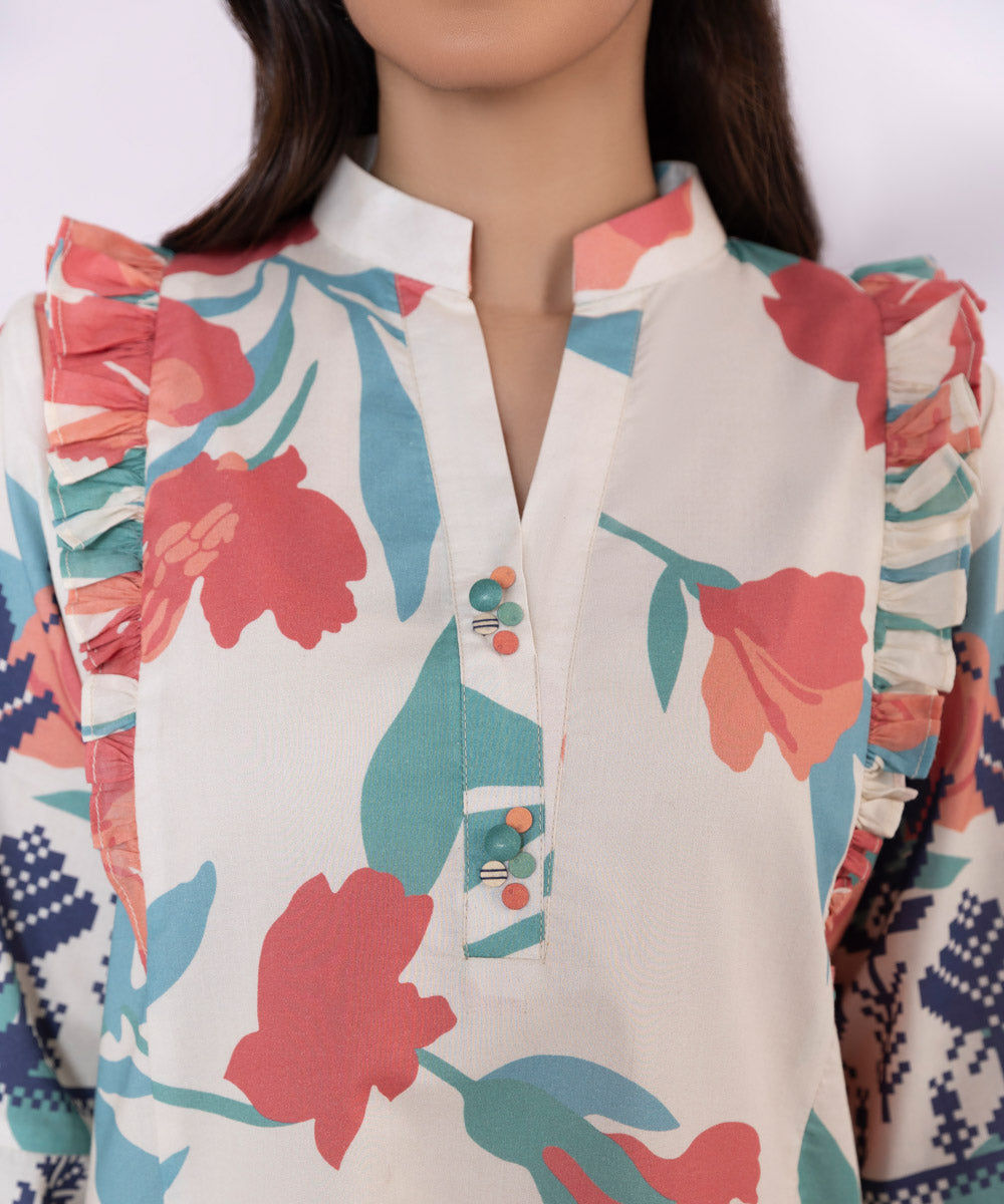 Women's Unstitched Lawn Printed Ivory and Multi Shirt