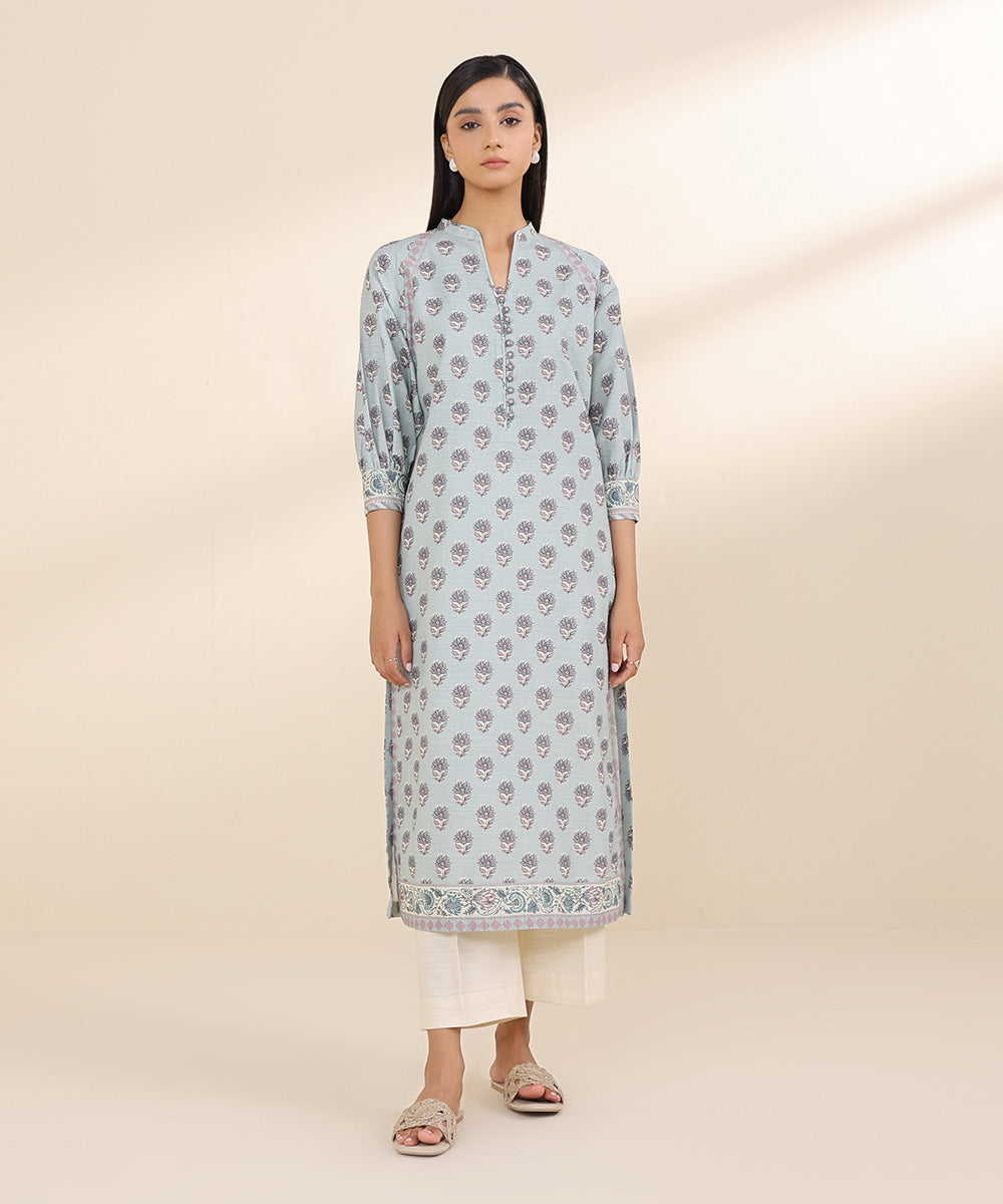 Women's Unstitched Khaddar Blue Printed Shirt