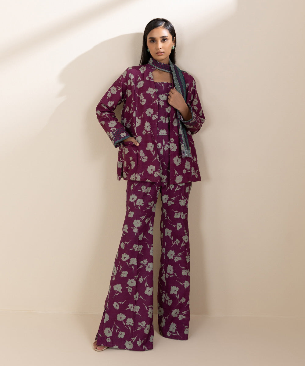 Women's Unstitched Khaddar Purple Printed Shirt