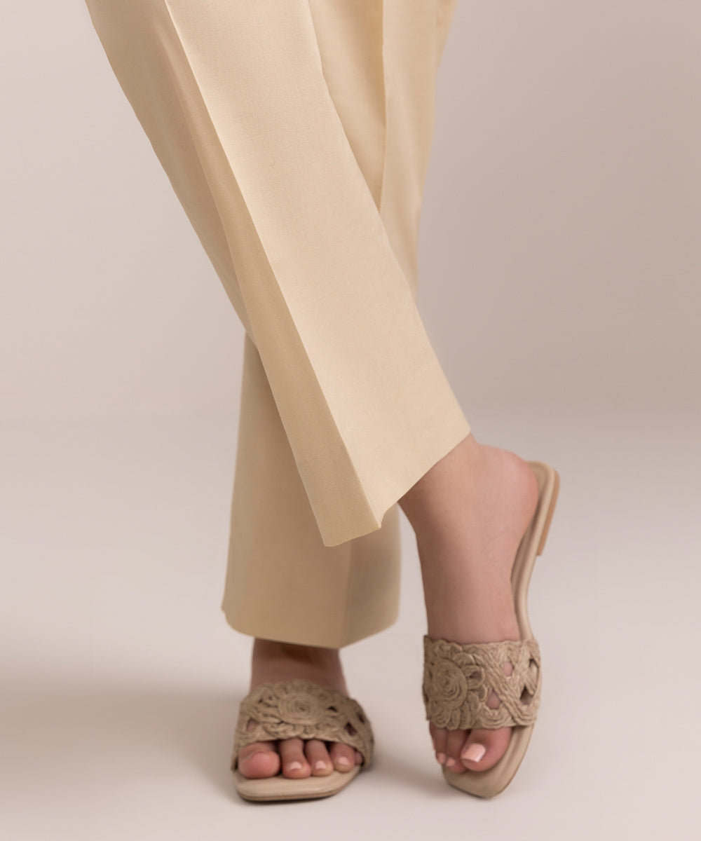 Women's Unstitched Cambric Printed Beige Trousers Fabric