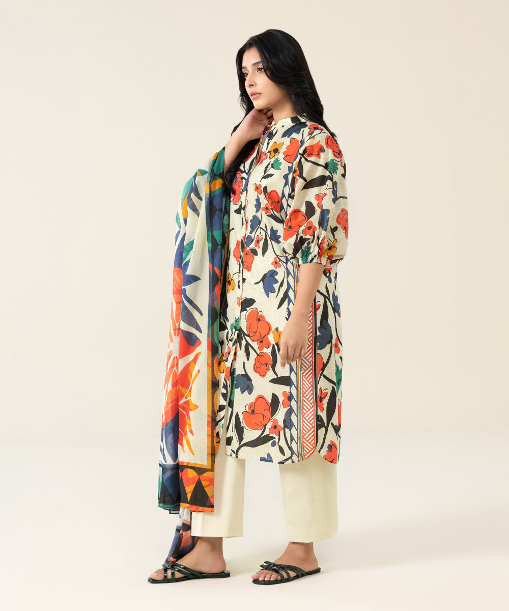 Unstitched Women's Printed Lawn Multi Color 2 Piece Suit