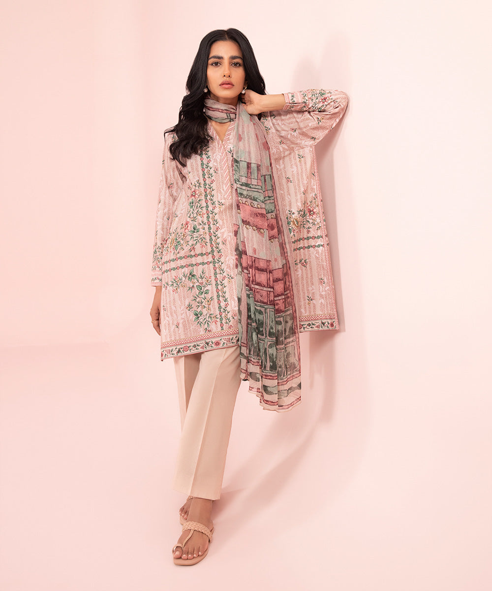 Women's Unstitched Printed Cambric Blush Pink 2 Piece Suit