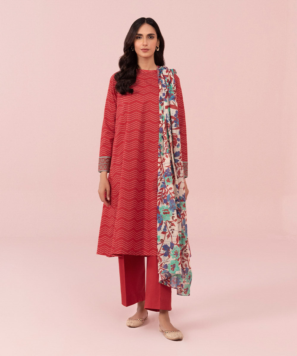 Women's Unstitched Printed Cambric Red 2 Piece Suit