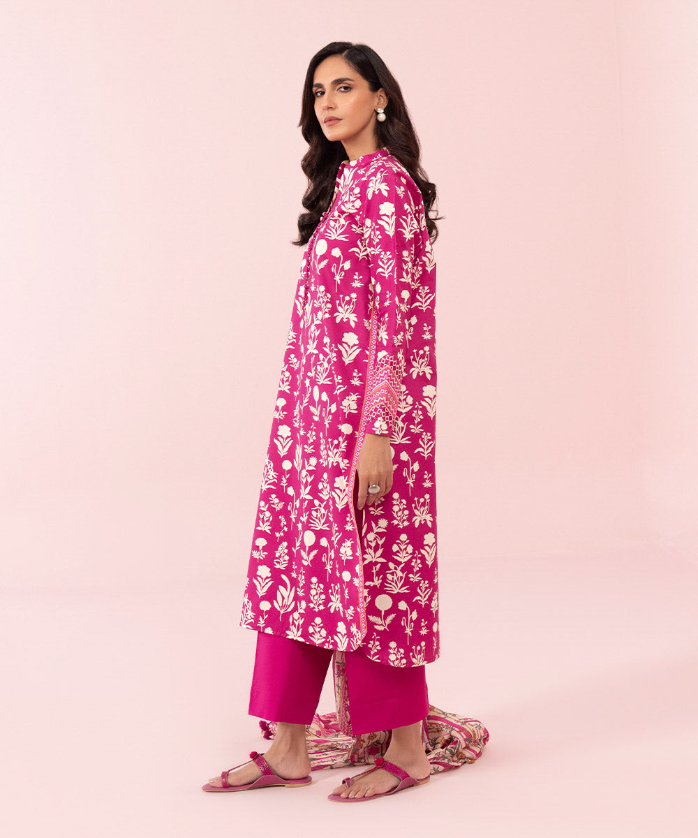 Women's Unstitched Printed Cambric Magenta 2 Piece Suit