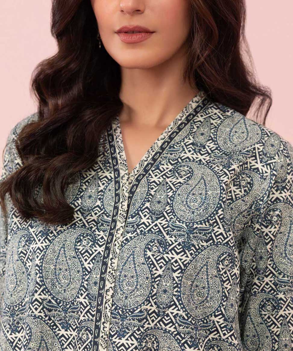 Women's Unstitched Printed Cambric Navy Blue 2 Piece Suit