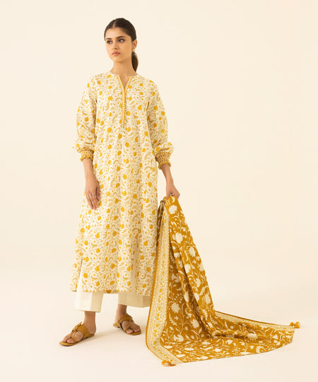 Women's Unstitched Printed Khaddar Off White 2 Piece Suit