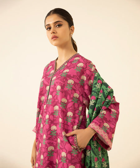 Women's Unstitched Printed Khaddar Pink 2 Piece Suit