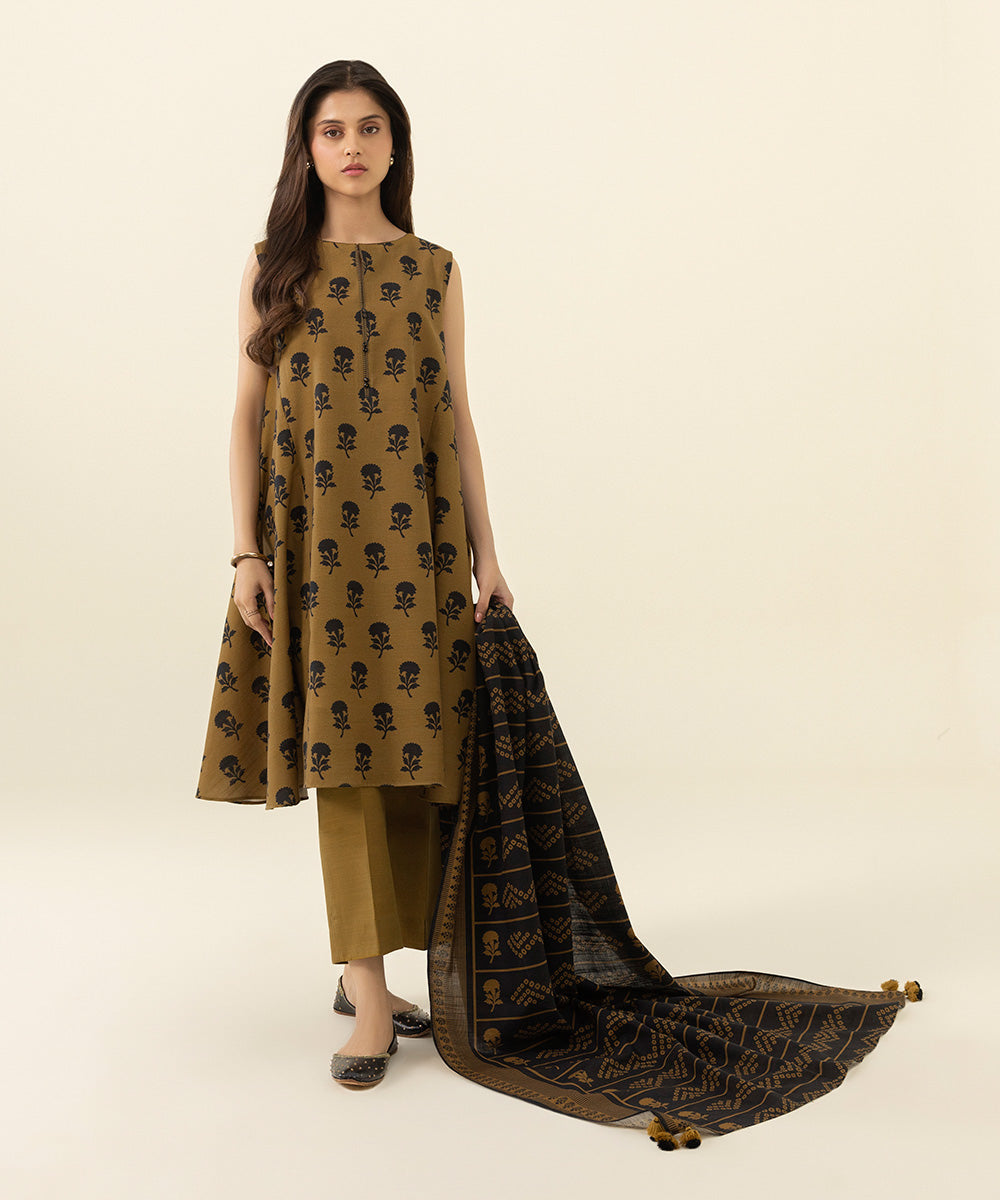 Women's Unstitched Printed Khaddar Brown 2 Piece Suit