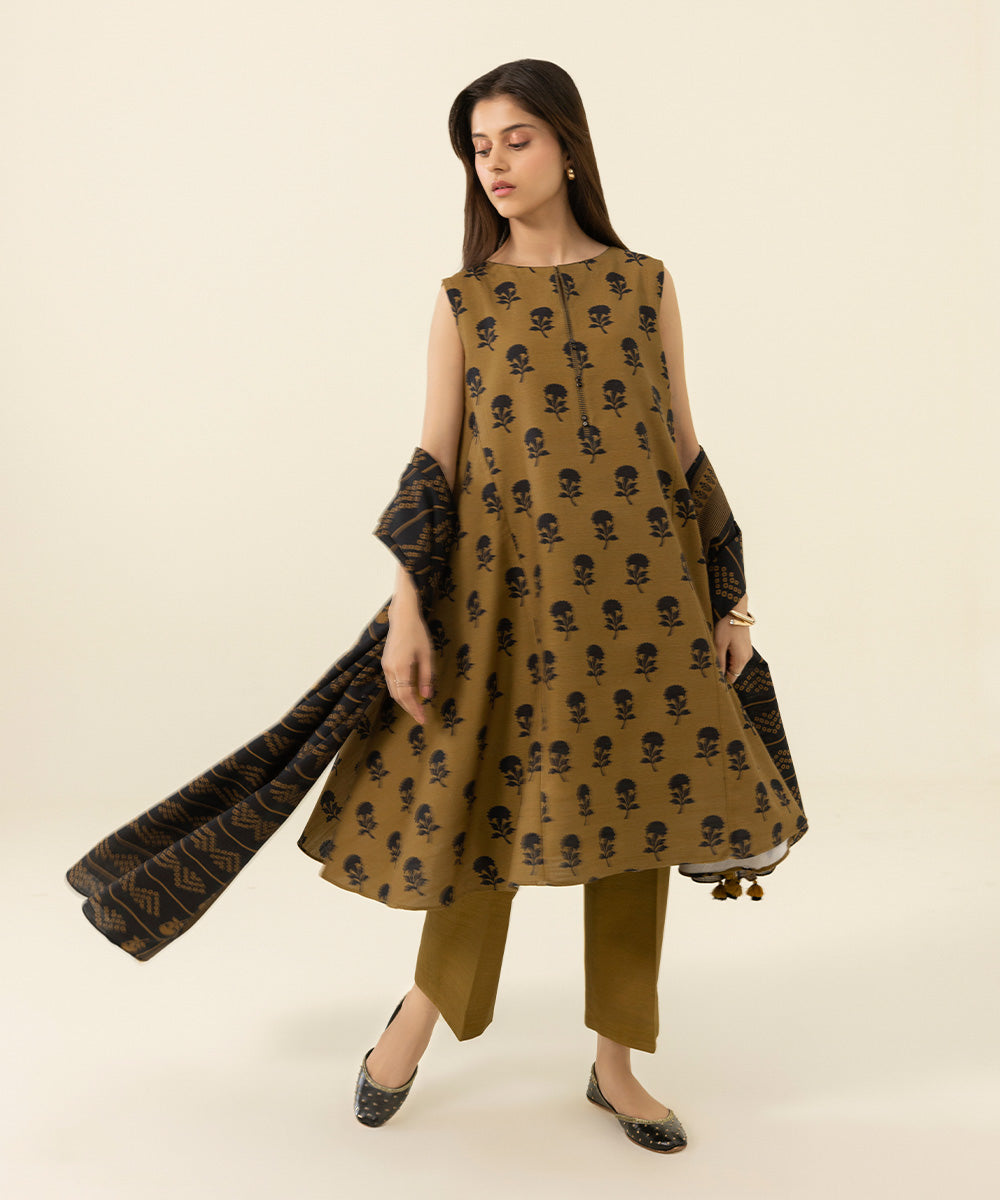Women's Unstitched Printed Khaddar Brown 2 Piece Suit
