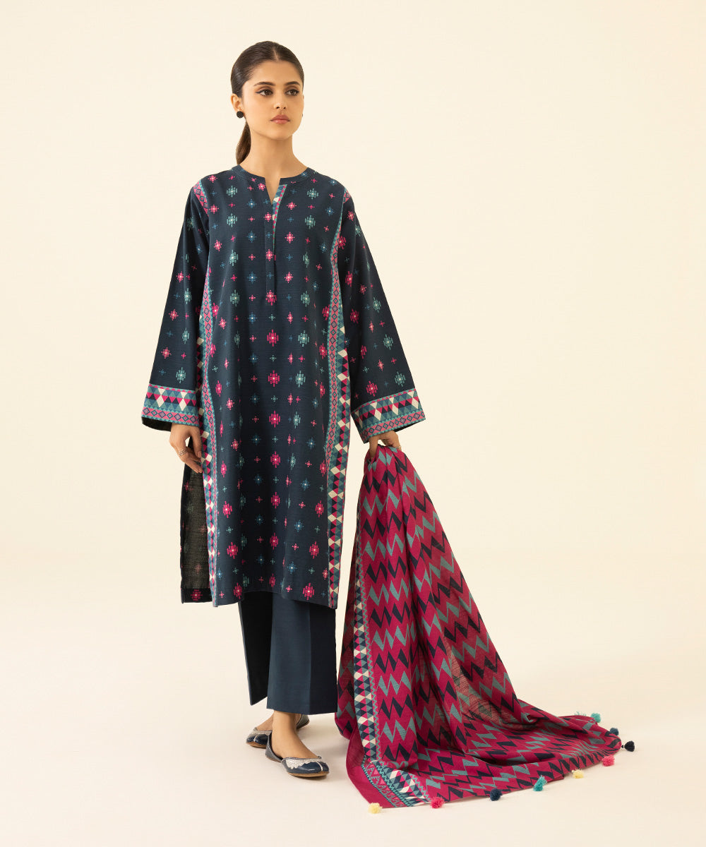 Women's Unstitched Printed Khaddar Blue 2 Piece Suit