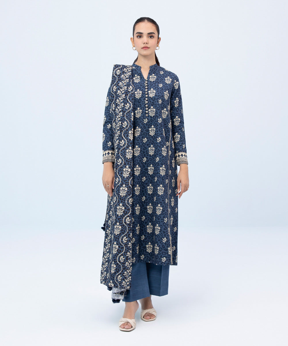 Women's Winter Unstitched Printed Khaddar Blue 2 Piece Suit