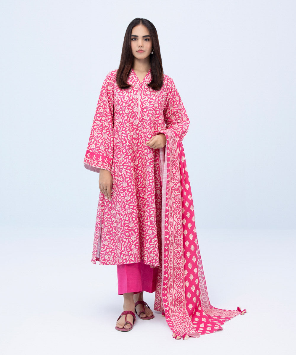 Women's Winter Unstitched Printed Khaddar Pink 2 Piece Suit