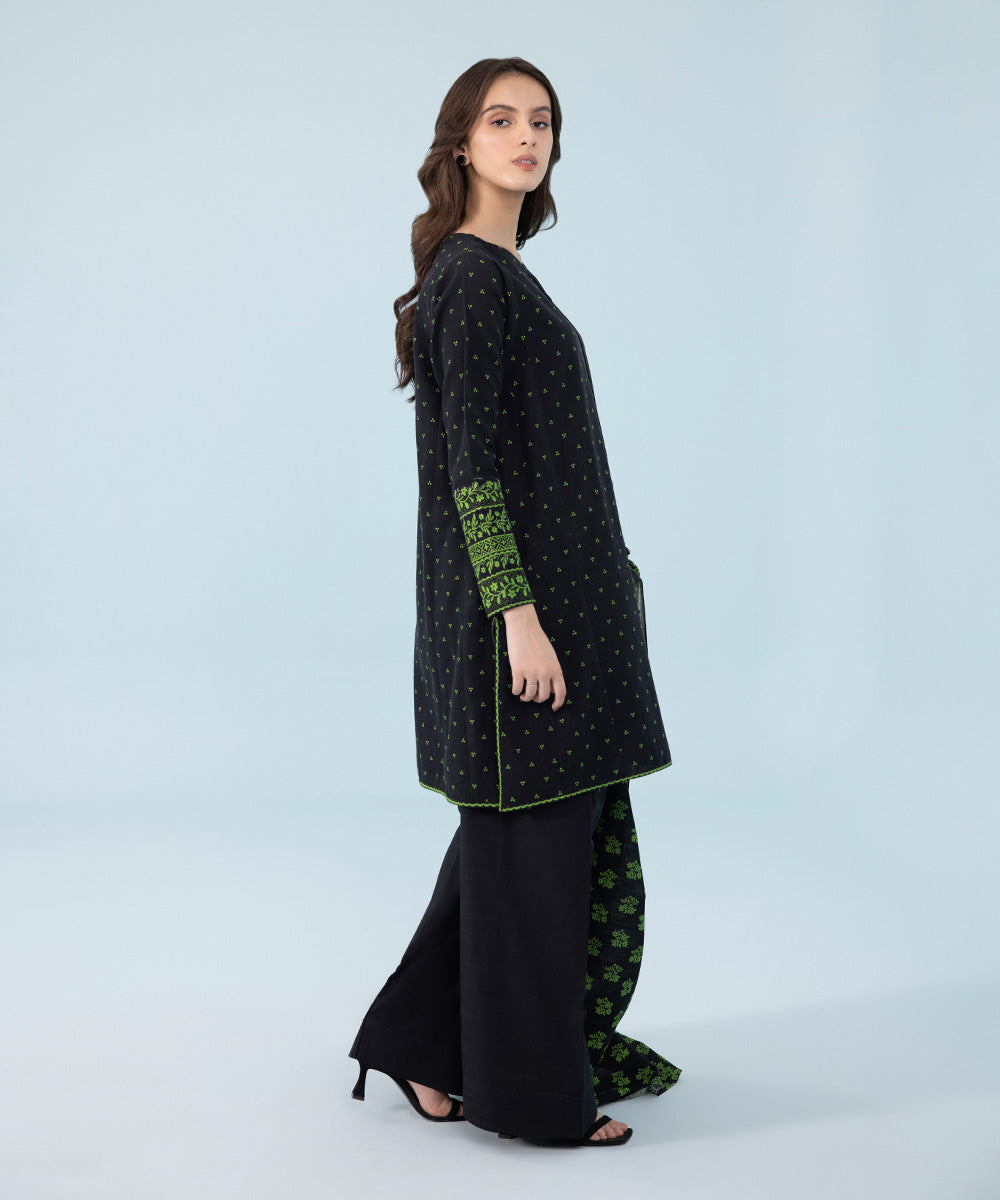 Women's Winter Unstitched Printed Khaddar Black 2 Piece Suit