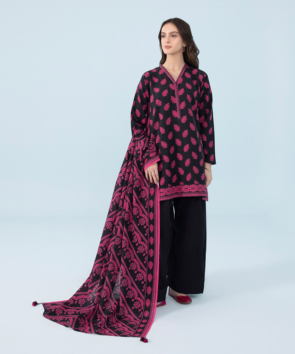 Women's Winter Unstitched Printed Khaddar Black 2 Piece Suit