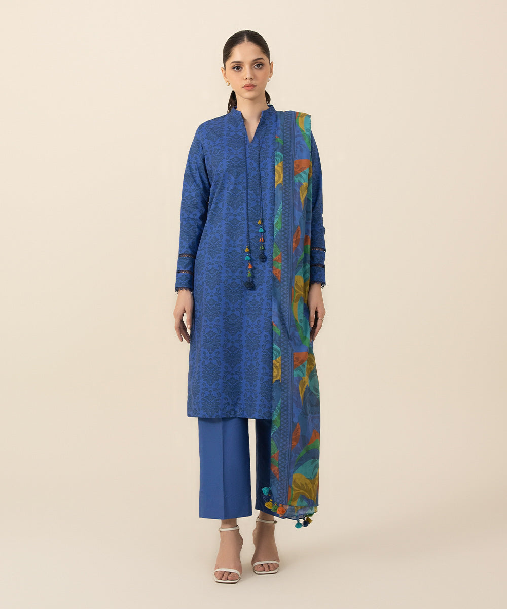 Women's Intermix Unstitched Cambric Blue 2 Piece Suit