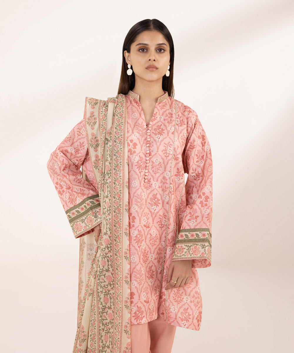 Women's Unstitched Lawn Printed Pink 2 Piece Suit