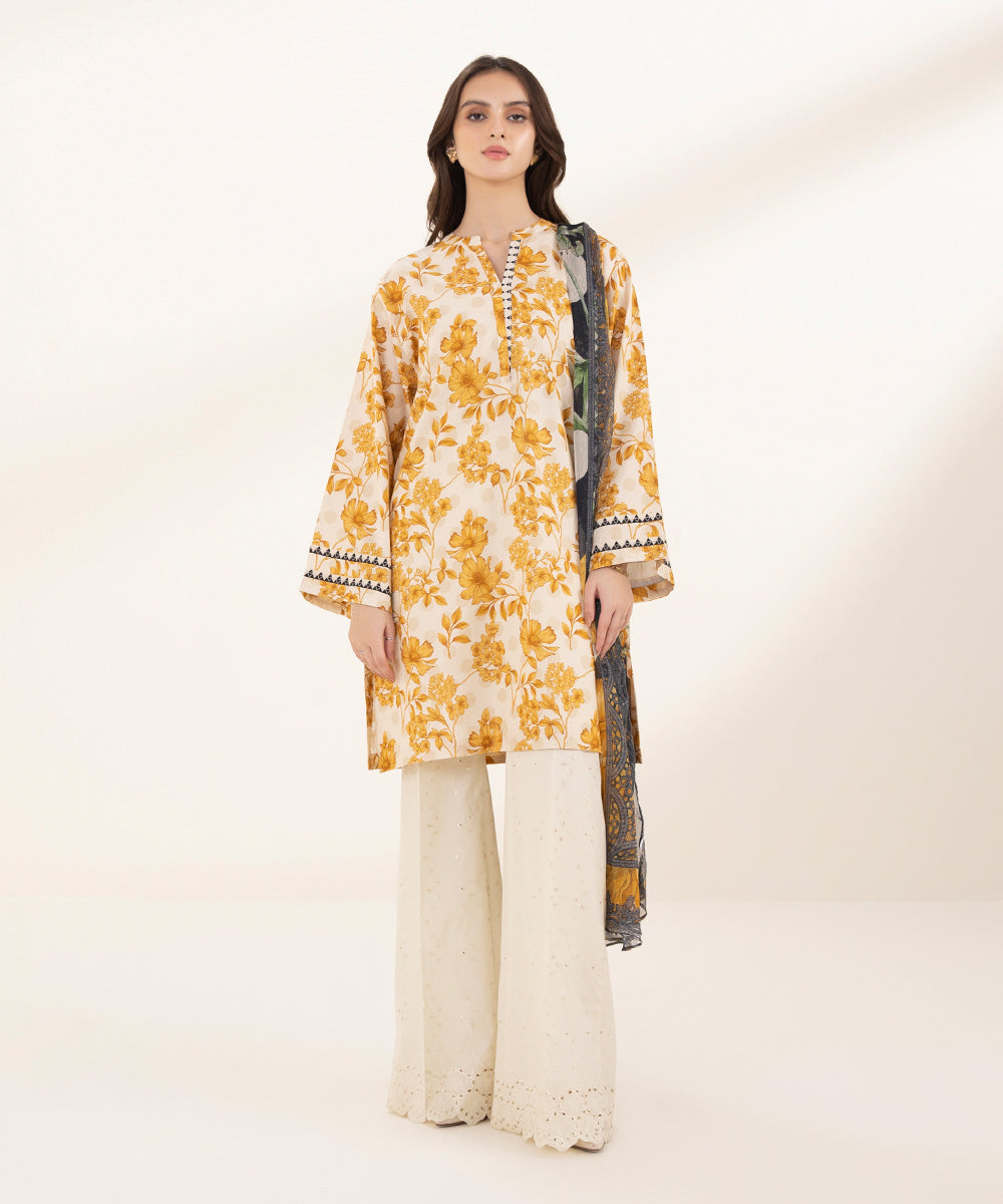 Women's Unstitched Lawn Printed Yellow 2 Piece Suit