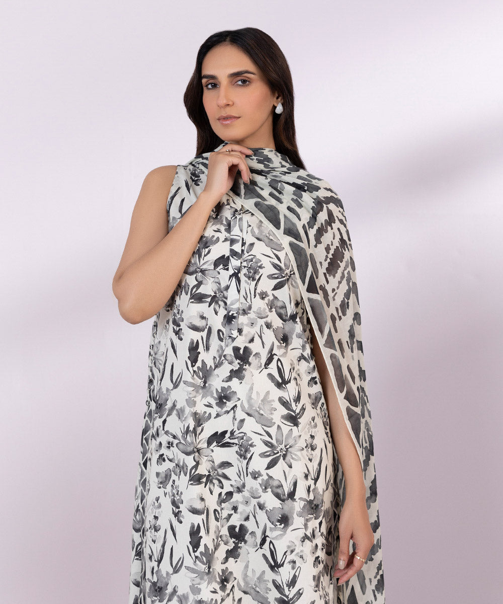 Women's Unstitched Lawn Printed Black and Off White 2 Piece Suit
