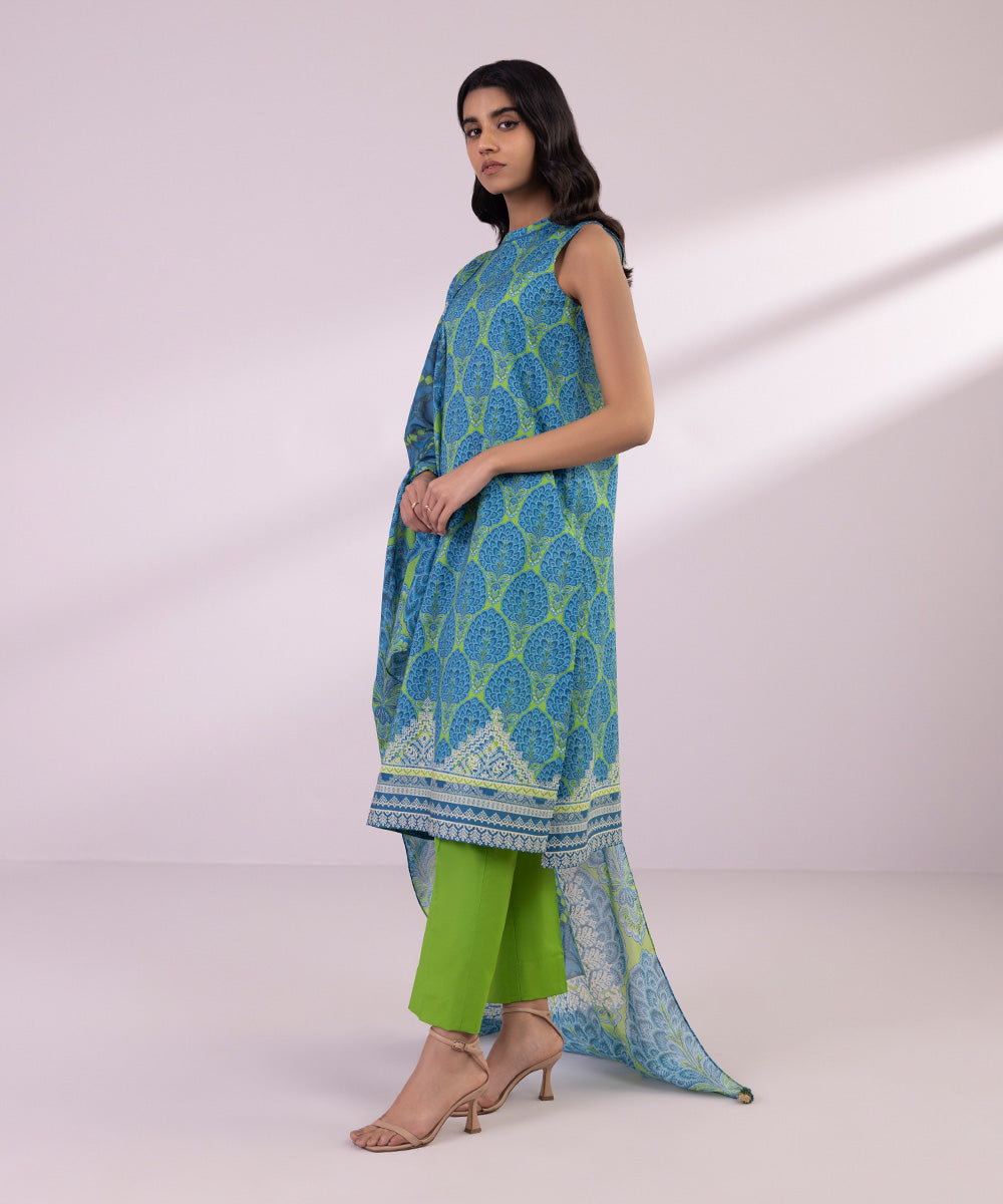 Women's Unstitched Lawn Printed Blue and Forest Green 3 Piece Suit