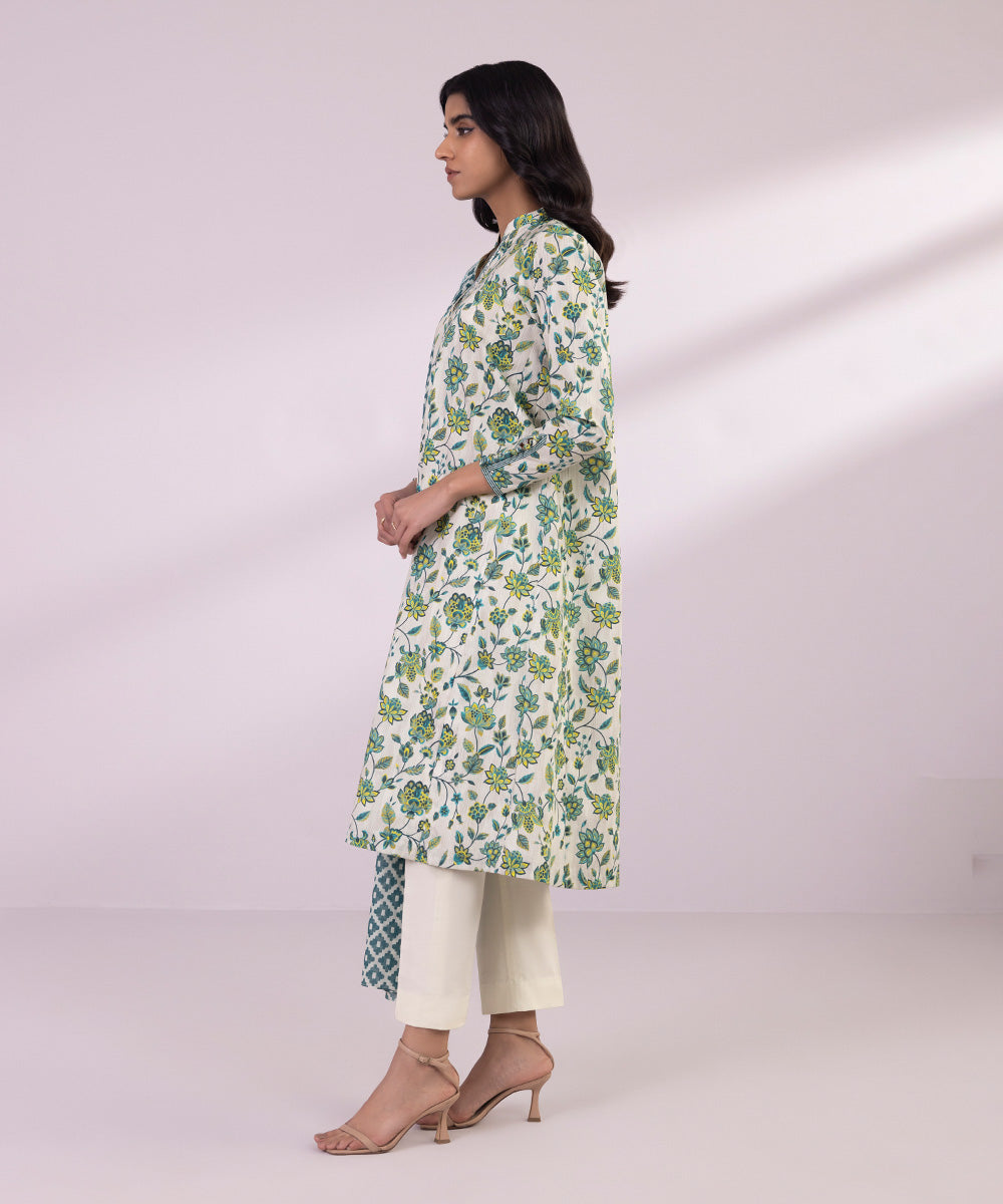 Women's Unstitched Lawn Printed Ivory and Multi 2 Piece Suit