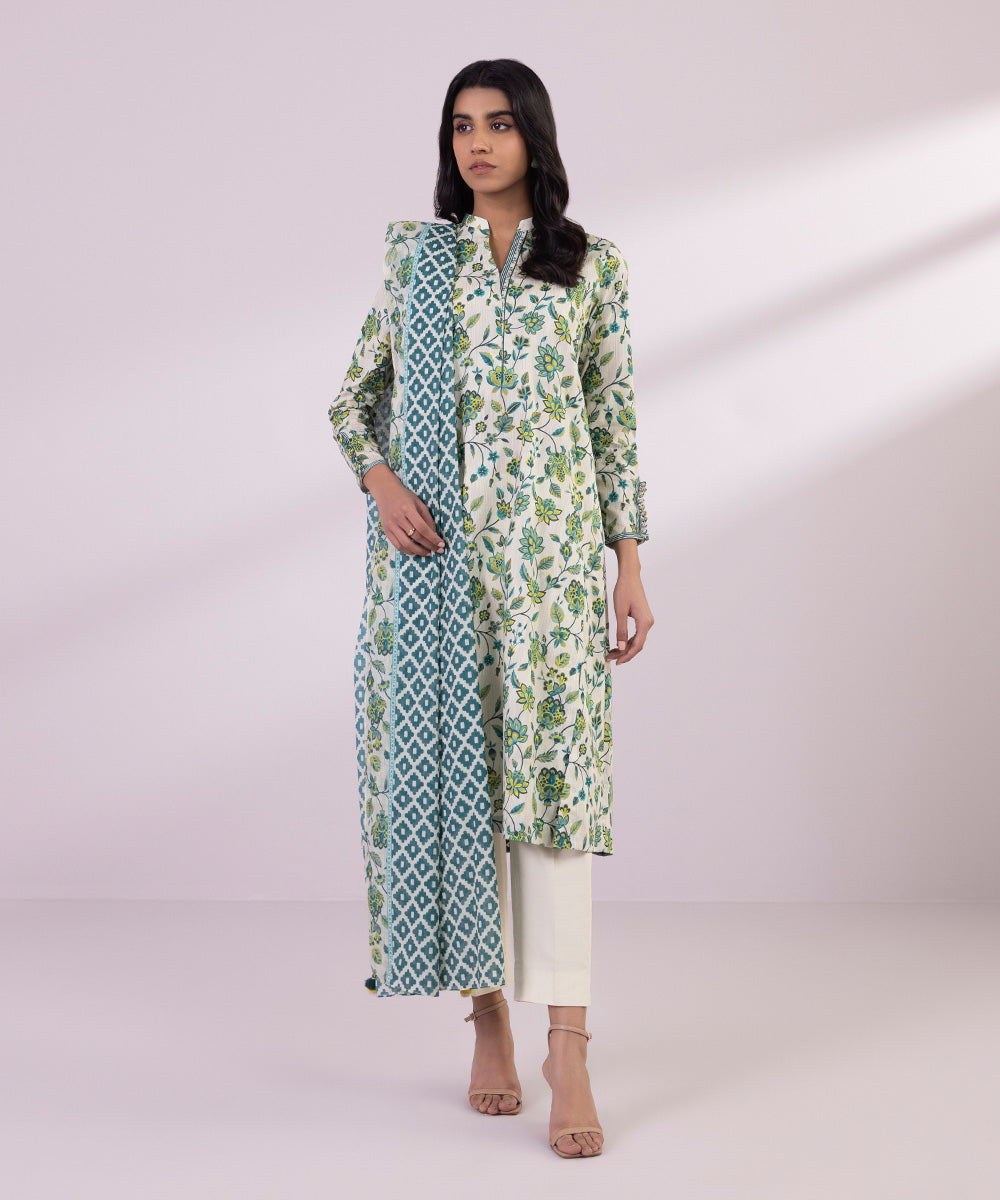 Women's Unstitched Lawn Printed Ivory and Multi 2 Piece Suit