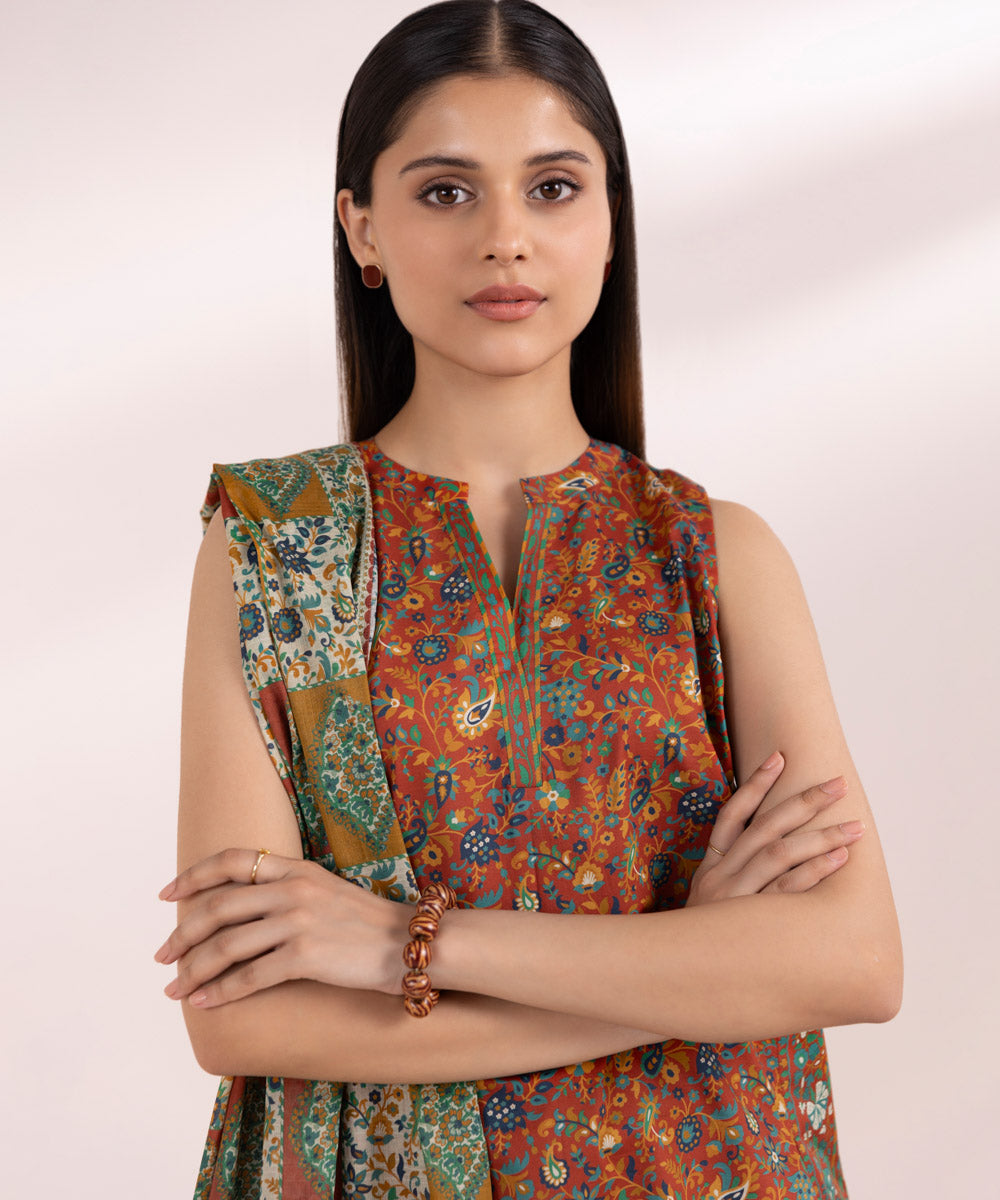 Women's Unstitched Lawn Orange Printed 3 Piece Suit